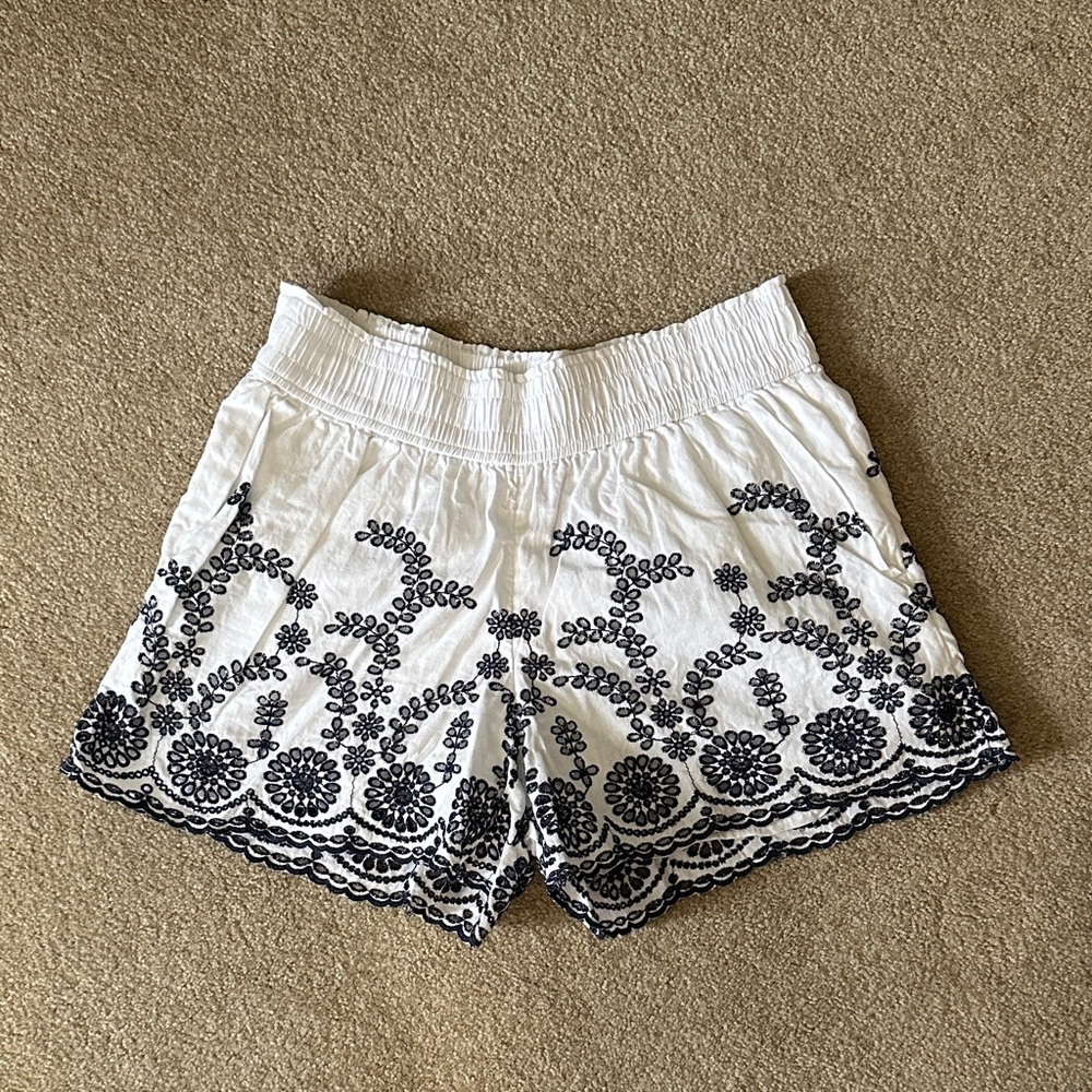 J. Crew White Embroidered Women’s Shorts with Navy Floral Detail